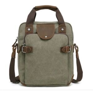 ACACIA Canvas Leather Trim Messenger Bag Crossbody Satchel Khaki Green
